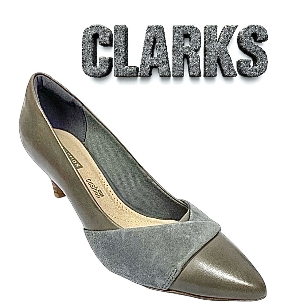 Clarks Grey Leather Combo Low Heel Pumps, Size 6 Linvale Ultimate Comfort New